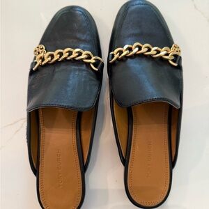 Tory Burch Black Leather Mules with Gold Chain Accent